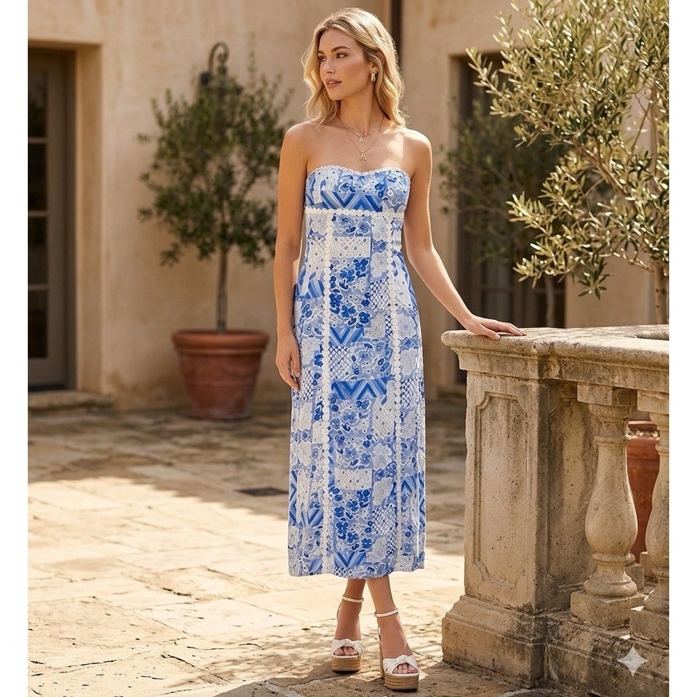 Dee Elly Blue White Patchwork Scallop Midi Strapless Tie Back Dress Sz M